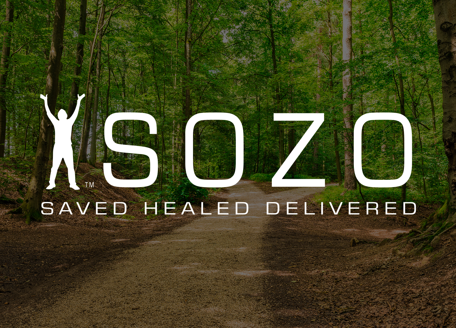 Overlaid logo: SOZO; Saved Healed Delivered, Background: A forked forest path