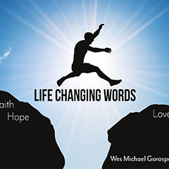 Illustration: 'Life Changing Words' a figure is silhouetted leaping a rocky chasm