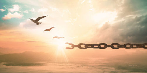 Doves are depicted breaking a chain against the backdrop of cloudy sky at sunrise
