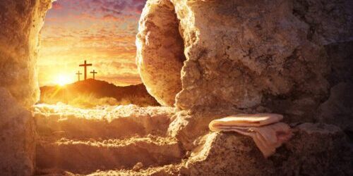 Empty Tomb With Crucifixion At Sunrise - Resurrection Concept