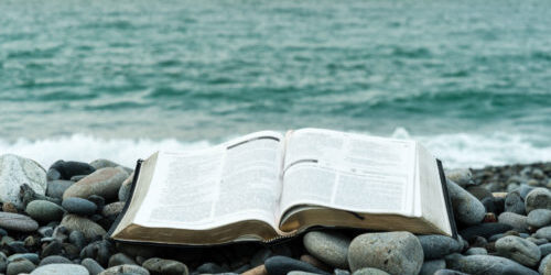 A bible sits on rocks, overlooking the ocean